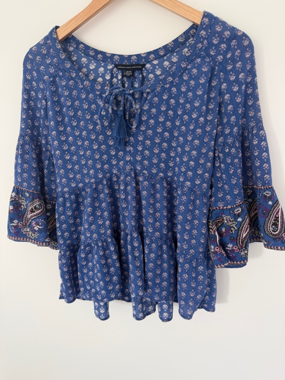 American Eagle Outfitters Blue Paisley Tassel Peasant Blouse Size XS
